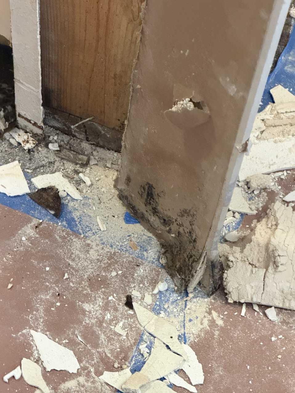 Restoration crew member removing damaged trim during commercial mold remediation demolition