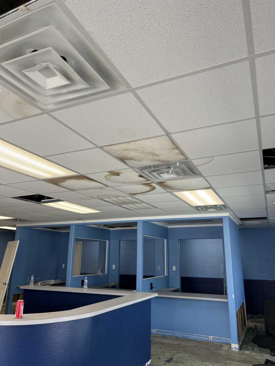 Water-stained commercial ceiling tiles from storm damage