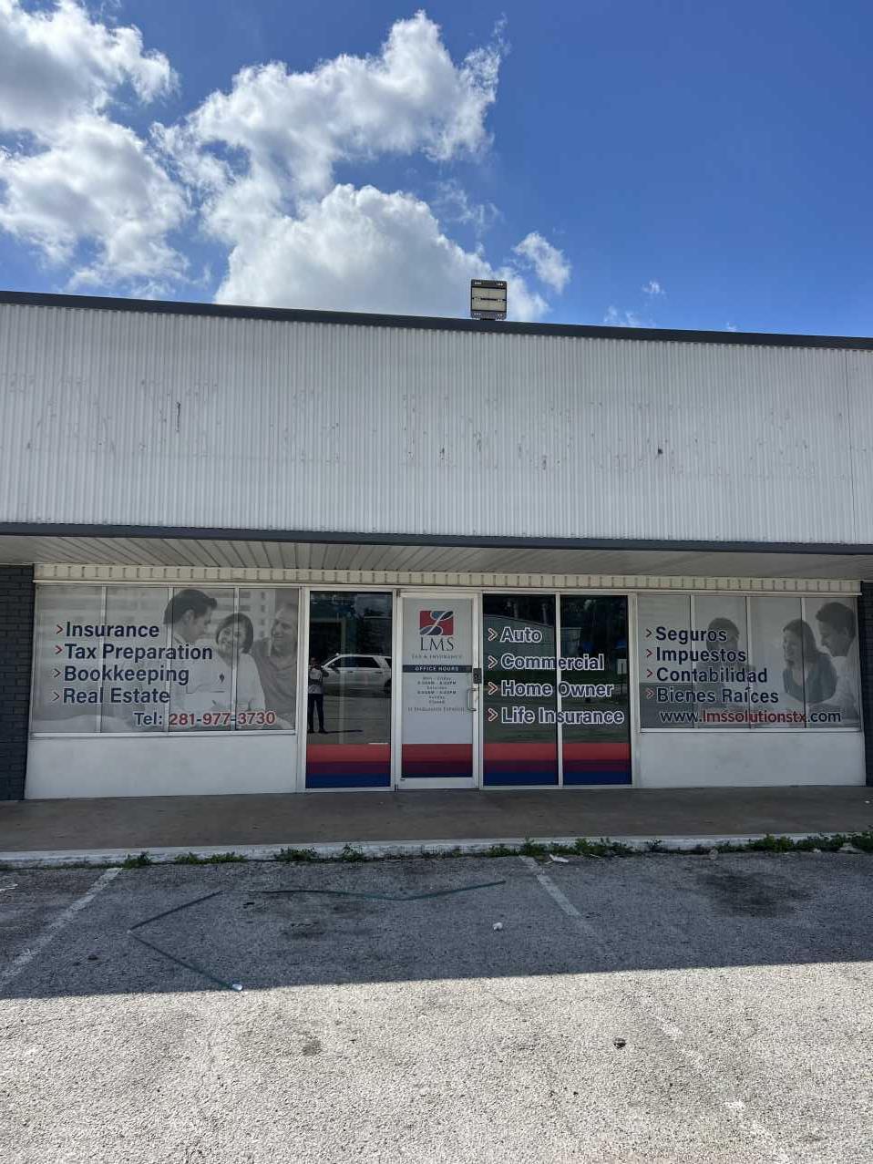 Commercial office building exterior after storm damage