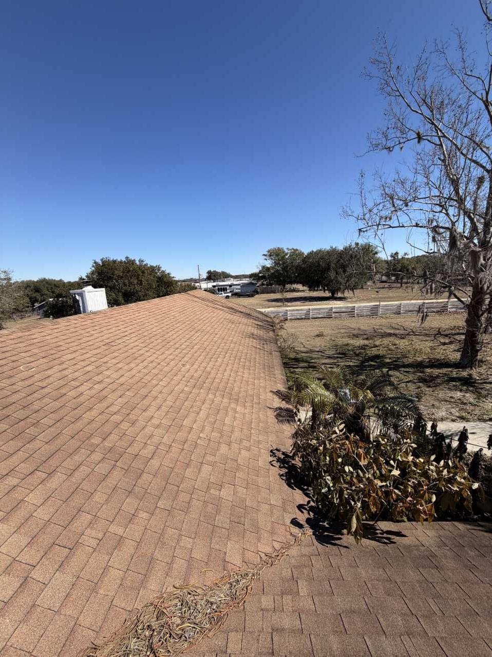 Wide view of a Florida roof during a storm damage inspection