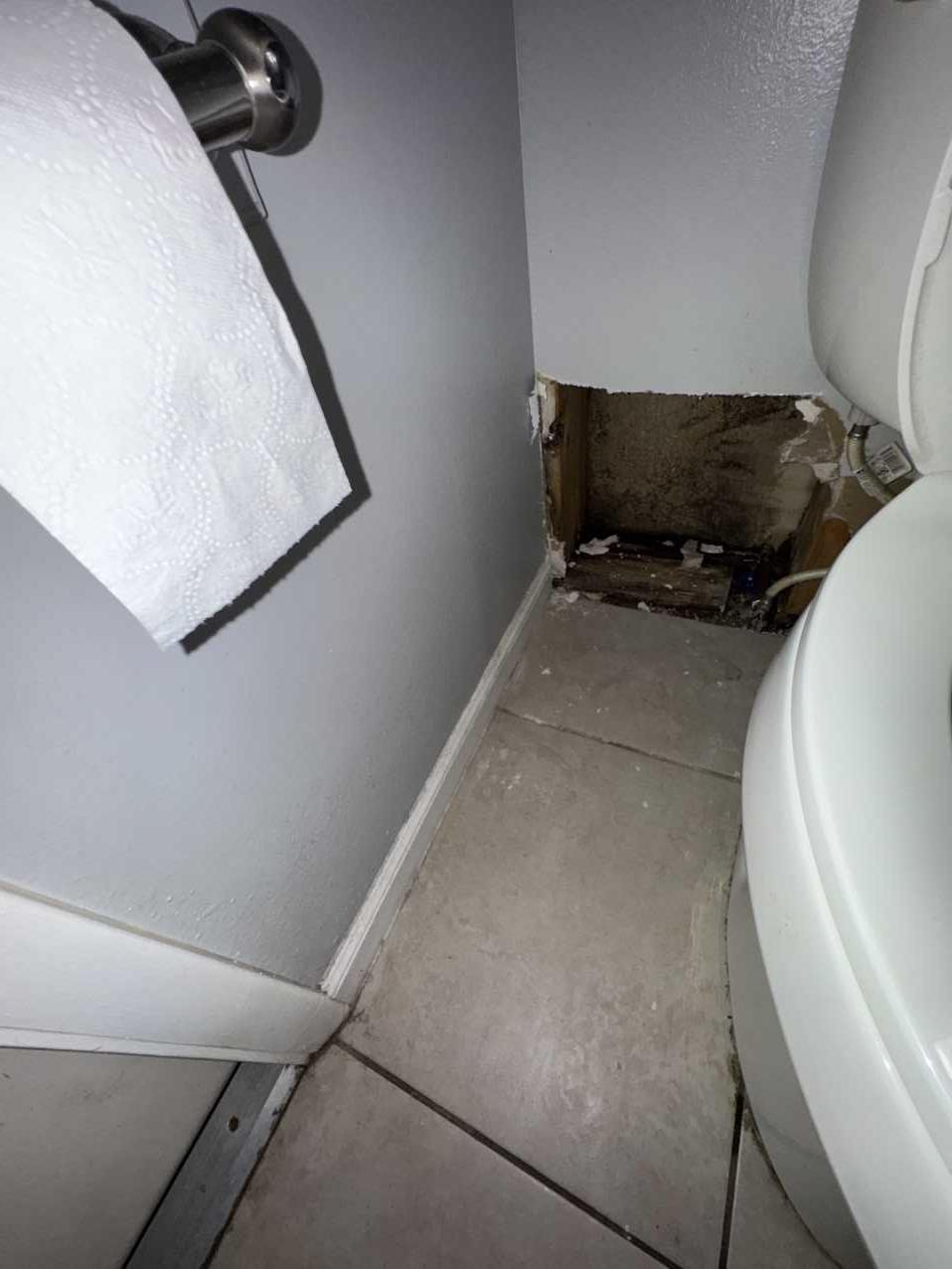 Wall opened up behind a toilet revealing water damage from a burst pipe